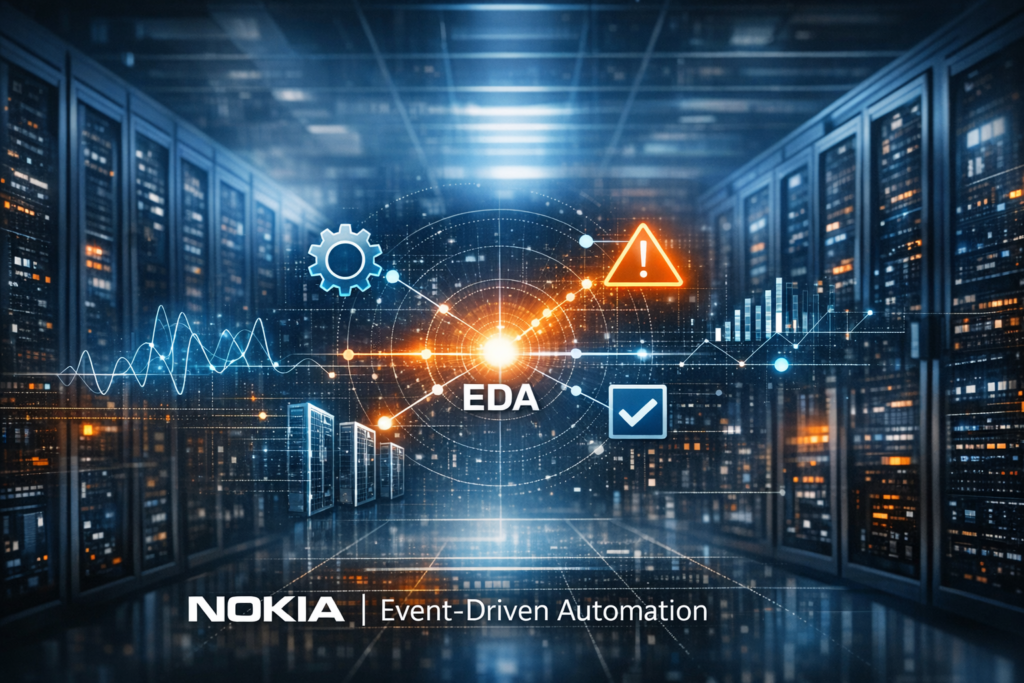 Futuristic data center with glowing HUD graphics surrounding a bright center labeled 'EDA' and Nokia Event-Driven Automation branding in the foreground.