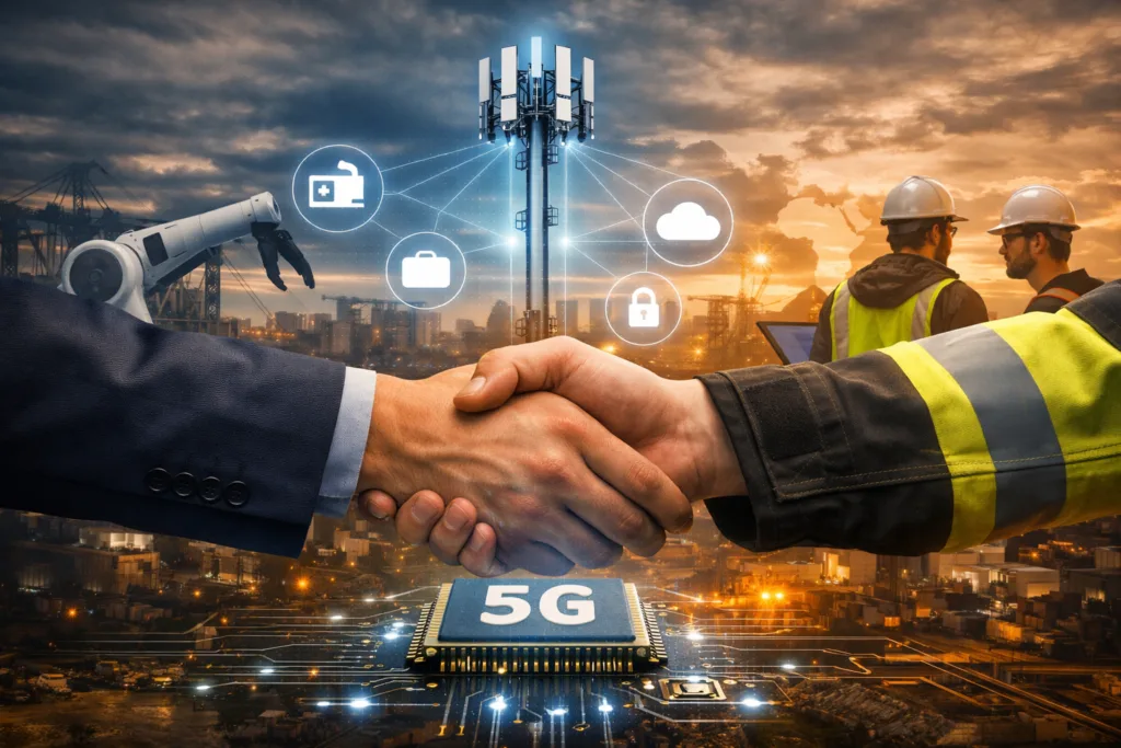 Handshake between a businessperson and a worker in safety gear over a glowing 5G chip, symbolizing industrial collaboration.