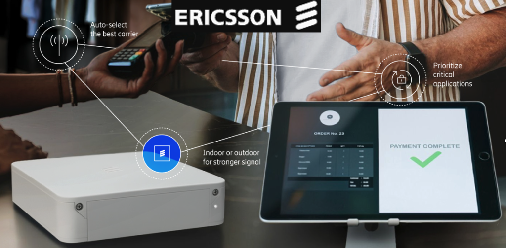 Infographic of Ericsson payment setup showing auto-select the best carrier, prioritize critical applications, and stronger signal indoors or outdoors around a tablet and printer.