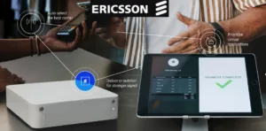 Infographic of Ericsson payment setup showing auto-select the best carrier, prioritize critical applications, and stronger signal indoors or outdoors around a tablet and printer.