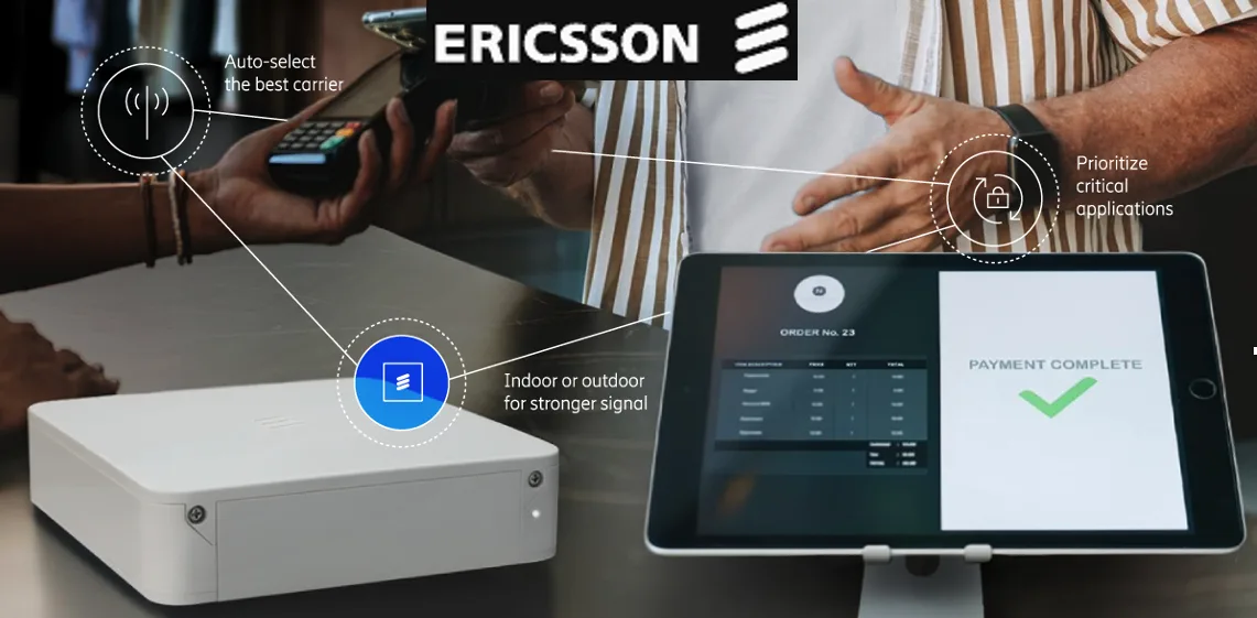 Infographic of Ericsson payment setup showing auto-select the best carrier, prioritize critical applications, and stronger signal indoors or outdoors around a tablet and printer.