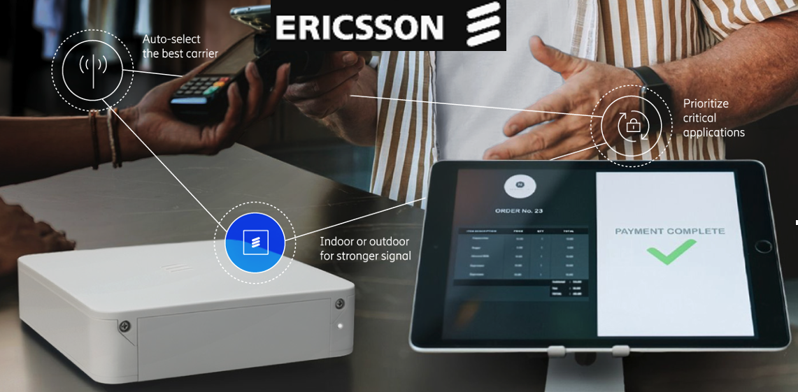 Infographic of Ericsson payment setup showing auto-select the best carrier, prioritize critical applications, and stronger signal indoors or outdoors around a tablet and printer.