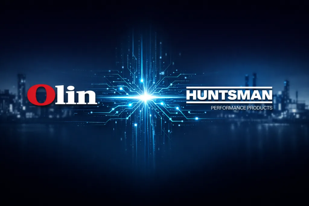 Olin and Huntsman Performance Products logo on a blue tech-themed banner with a bright central light and circuit patterns.