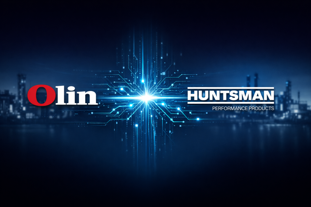 Olin and Huntsman Performance Products logo on a blue tech-themed banner with a bright central light and circuit patterns.