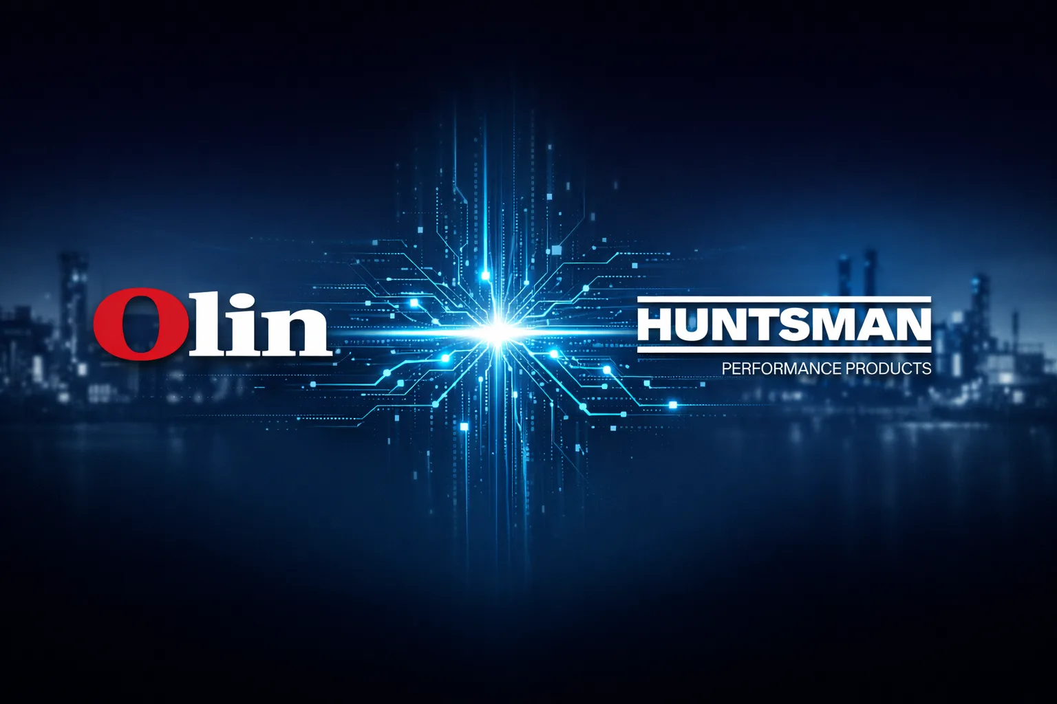 Olin and Huntsman Performance Products logo on a blue tech-themed banner with a bright central light and circuit patterns.