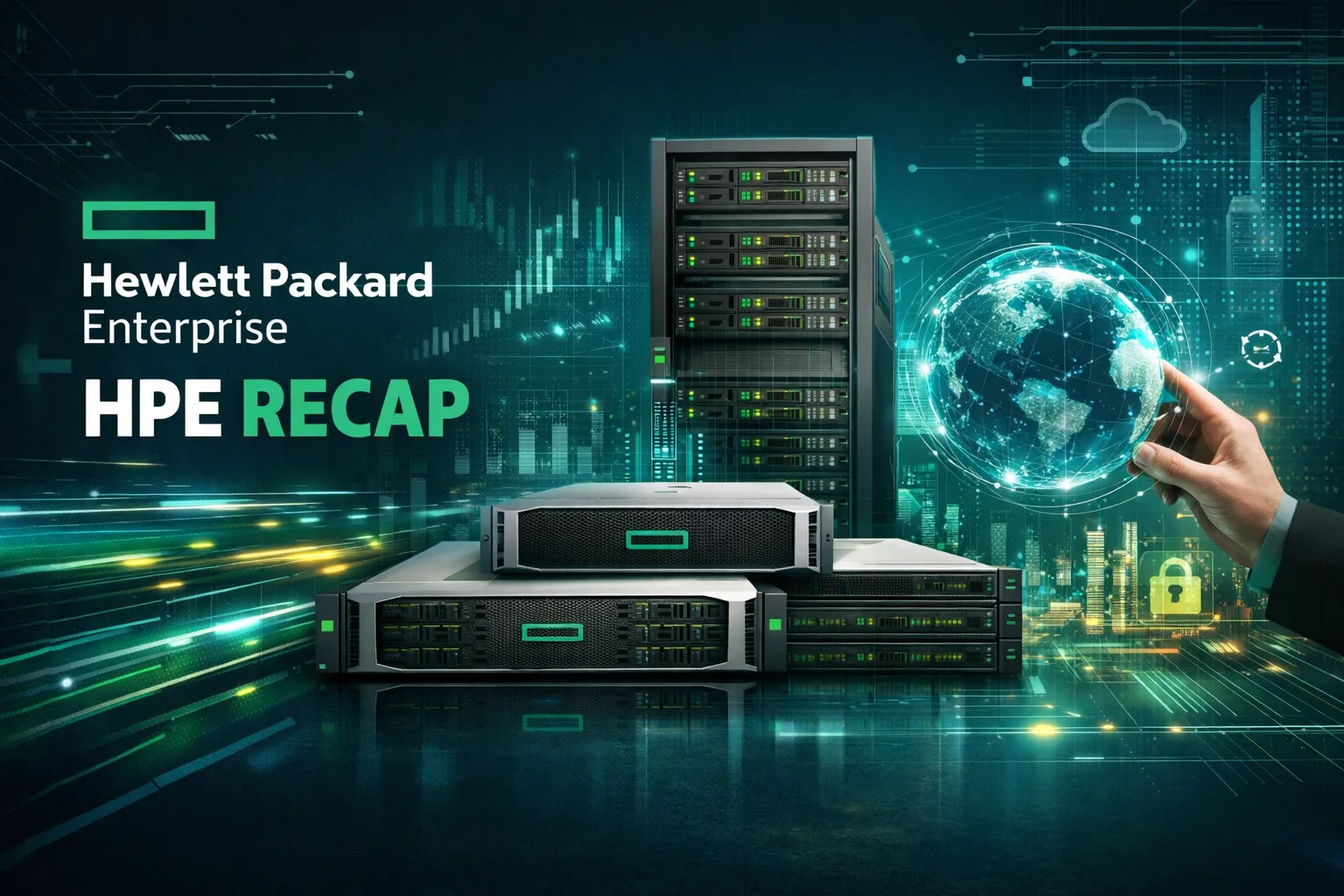 HPE Recap banner with stacked server racks, a glowing globe, and digital data lines in a teal-green tech theme.