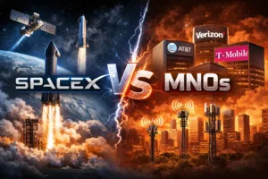 SpaceX vs MNOs: rocket launch on left, telecom skyscrapers on right with lightning and city antennas behind them