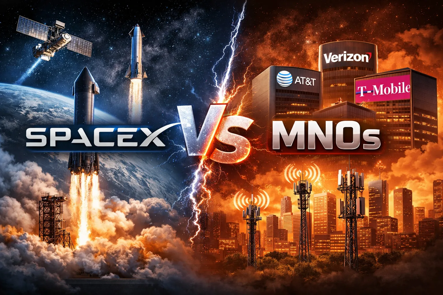 SpaceX vs MNOs: rocket launch on left, telecom skyscrapers on right with lightning and city antennas behind them